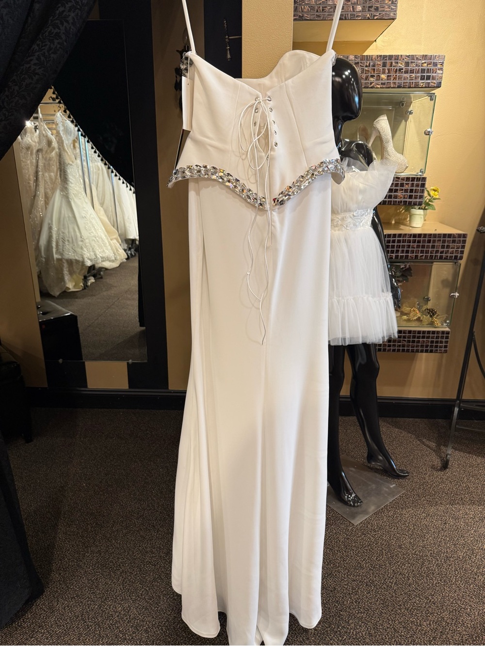 Strapless White Evening Gown with Crystal Trim - Picture 2 of 3